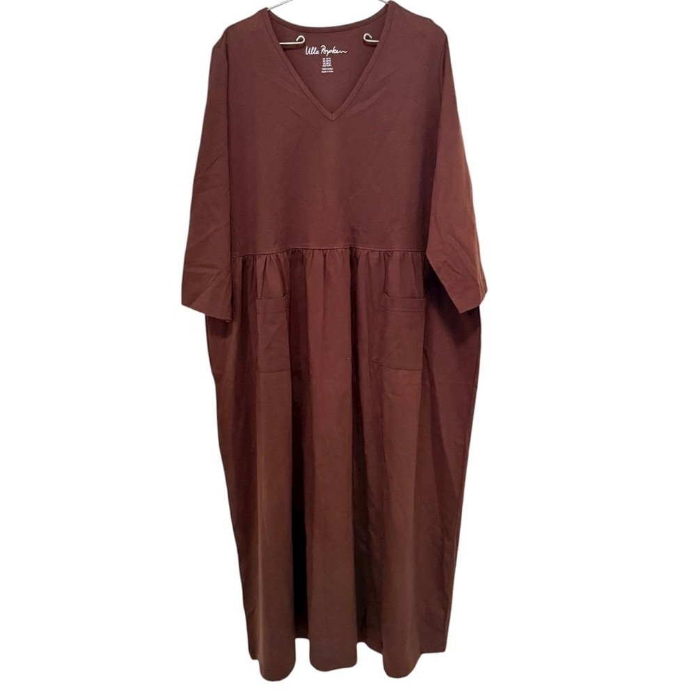 Ulla Popken Cotton Knit V-Neck Empire Pocket Dress in Brown Midi Dress Sz 16/18